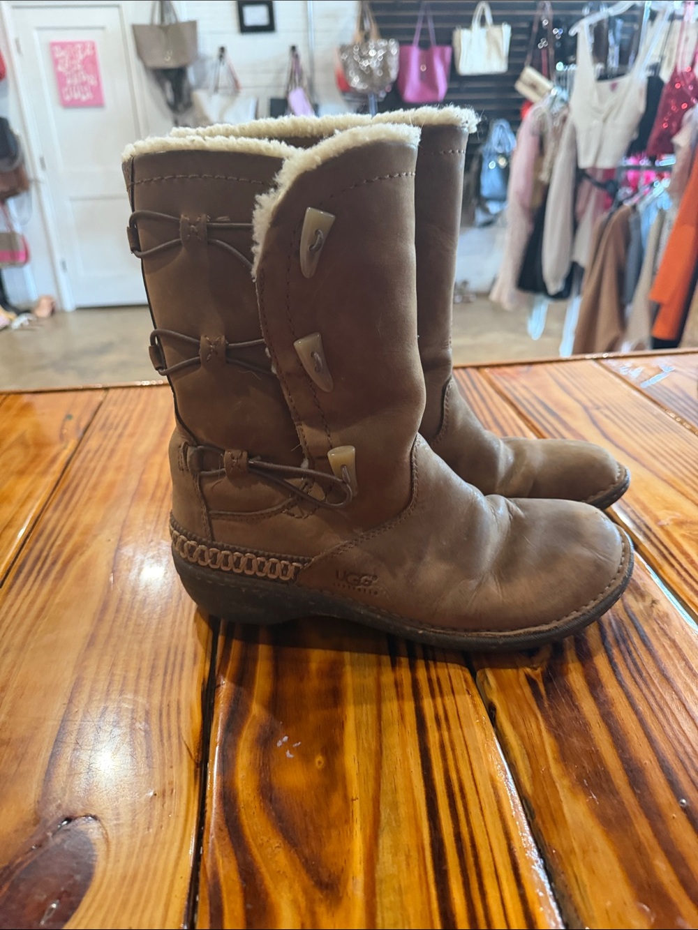 UGG Women's Chestnut Brown Shearling-Lined Mid-Calf Boots with Toggle Detail